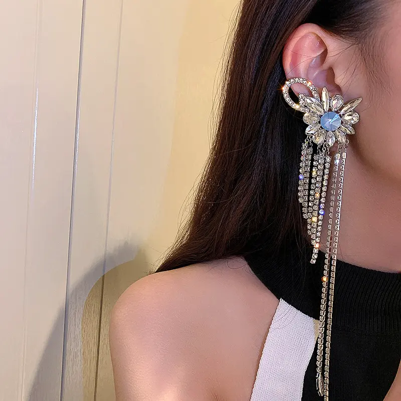 Bloem Crystal Ear Clip Oorbellen Voor Vrouwen Oversize Lange Tassel Rhinestone Dangle Oorbellen Verklaring Sieraden Accessoires