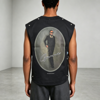 T-shirt rétro noir sans manches à double couche avec rivets, impression numérique, style streetwear, coupe courte