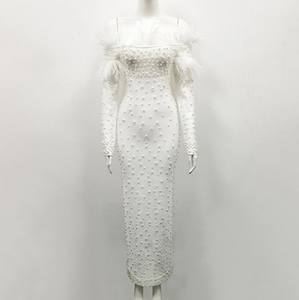 • Ultimo arrivo Off spalla piuma sottile chiodo perlina <span class=keywords><strong>abito</strong></span> da festa <span class=keywords><strong>bianco</strong></span> abiti a maniche lunghe abiti da sera - Product Image 4