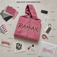Sweat à capuche zippé RAMAX 500GSM en coton pur rose délavé avec logo brodé, streetwear lourd pour hommes, personnalisable OEM ODM, vente en gros