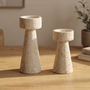 Support de bougie en pierre naturelle artisanale écologique en travertin beige, centre de table décoratif pour la maison et les mariages - Product Image 2