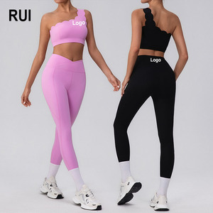 RUIQUWIN <b>Women's</b> Sexy High Waist Gym Fitness <b>Leggings</b> Lace Wholesale One-Shoulder Yoga Set High Elastic Push-up Sports Bra - Product Image 1