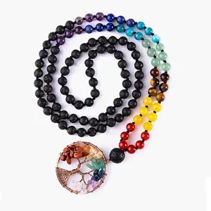 Diy Beads Swing Charms Silver Tree Of Life Crystal Moon Stone Seven Chakra Colgante Circular Mala Beads 108 Collar