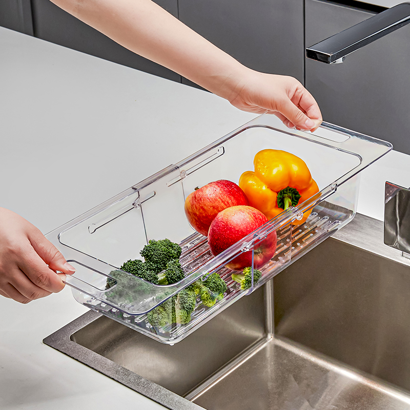 Extendable Kitchen Sink Basket, Vegetable Food Strainers, Foldable Double Drain Plastic Storage Container