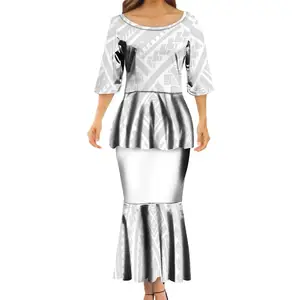 批发定制母亲节礼物白色周日设计波利尼西亚Puletasi萨摩亚套装2pcs科拉女士2件套鱼尾连衣裙