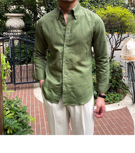 <span class=keywords><strong>Chemise</strong></span> à <span class=keywords><strong>manches</strong></span> <span class=keywords><strong>longues</strong></span> de couleur unie <span class=keywords><strong>en</strong></span> coton et <span class=keywords><strong>lin</strong></span> pour hommes, t-shirt slim britannique d'affaires pour hommes - Product Image 5