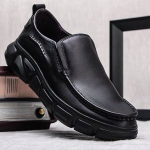 Men's Loafers Solid Round Toe Genuine Leather Slip-On Rubber Outsole <b>Height</b> Increasing All Seasons - Product Image 3