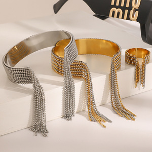 PVD Gold Open Adjustable Fringe Chain Tassel Cuff <b>Bangle</b> Bracelet & Ring <b>Set</b> for Women | Waterproof, Hypoallergenic & Non-Fading - Product Image 6