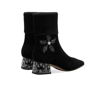 Moncheer-Botines de punto para mujer, botines de tacón de cristal con flores de ante para otoño e invierno, venta al por mayor, OEM y ODM - Product Image 2