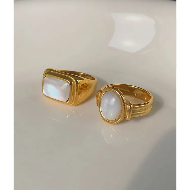 Anillo cuadrado de acero inoxidable para mujer, sortija de concha Natural blanca ovalada, anillos anchos, joyería Vintage francesa elegante, 2 diseños, 2022