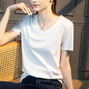 Wholesale Women Lady Real Silk and Cotton V-Neck T-shirt Summer Short Sleeve High Quality Tee Tops Fashion Casual T-shirt