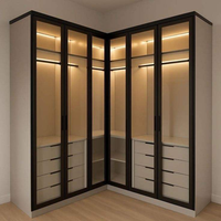 Armoire d'angle en L sur mesure BALOM, luxe, style moderne minimaliste, dressing avec portes en verre LED, meubles de villa