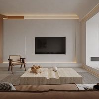 Meuble TV sans poignée, minimaliste, contemporain, bois naturel beige, hall d'hôtel, style scandinave