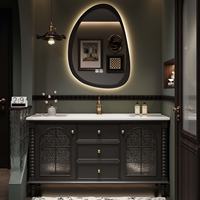 Ensemble de meubles de salle de bain sur pied en bois de caoutchouc de style américain avec lavabo en céramique intégré, miroir, meuble-lavabo, miroir intelligent