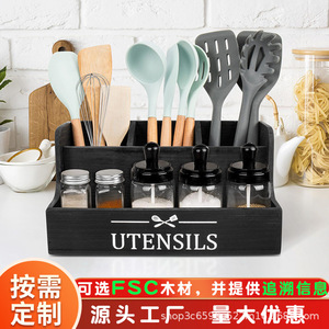 Wooden Multi Compartment Kitchen Utensil Storage Box With <b>Spice</b> <b>Jars</b> L Size Black And White Natural Wood Color - Product Image 3