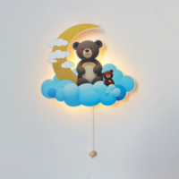 Applique Murale en Bois « Ours sur Nuage » avec Lumière LED, Décoration Murale de Crèche, Veilleuse d'Endormissement pour Bébé, Fonctionne avec Piles AA, Cordon d'Activation pour Chambre d'Enfant
