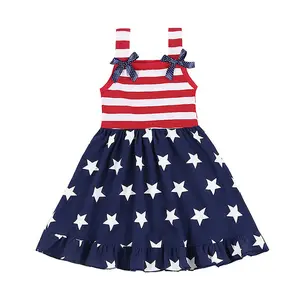 도매 아기 소녀 공주 4 7 월 별 줄무늬 깃발 옷 아기 소녀 줄무늬 별 미국 독립 기념일 원피스