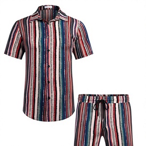 mens multi color teal red vintage vertical stripe <b>short</b> <b>sleeve</b> lapel <b>button</b> <b>up</b> <b>shirt</b> matching <b>shorts</b> 2 piece set casual outfit - Product Image 1