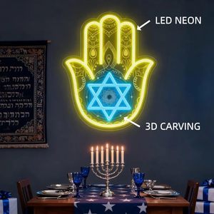 Insegna al Neon Mano di Hamsa Stella di David, LED per Hanukkah, Decorazione per Casa e Sinagoga, Display Elettronico - Product Image 3