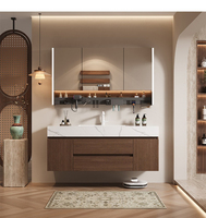 Ensemble de meuble-lavabo mural en contreplaqué noyer avec miroir LED intelligent et vasque en dalle de pierre pour hôtels et complexes hôteliers - Vente en gros