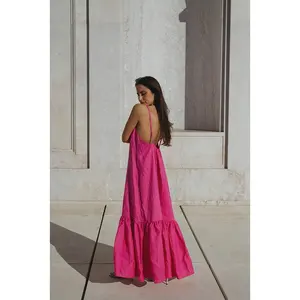 Vestido feminino de linho com decote em v, roupa de linho rosa com alças espaguete costas abertas