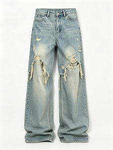 Nouveau Jean d'été 2026 pour <span class=keywords><strong>Femme</strong></span>, Vintage, Délavé, Effet Usé, à Franges et Bords Effilochés, <span class=keywords><strong>Coupe</strong></span> Droite Longueur Ras du Sol, en Denim Déchiré Irrégulier - Product Image 5