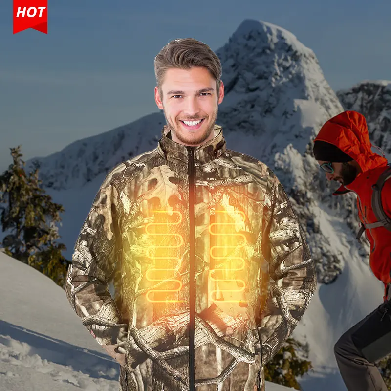 7.4V Winter Outdoor Waterproof Breathable Hunting Camo Heated Hoodie Jacket For Men With Battery