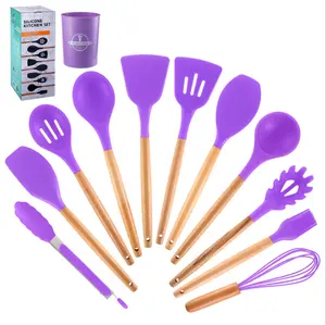 Silicone phụ kiện nhà bếp dụng cụ nấu ăn đồ dùng nhà bếp Silicone đồ dùng nhà bếp với tay cầm bằng gỗ 12 cái trong 1 Bộ làm sạch