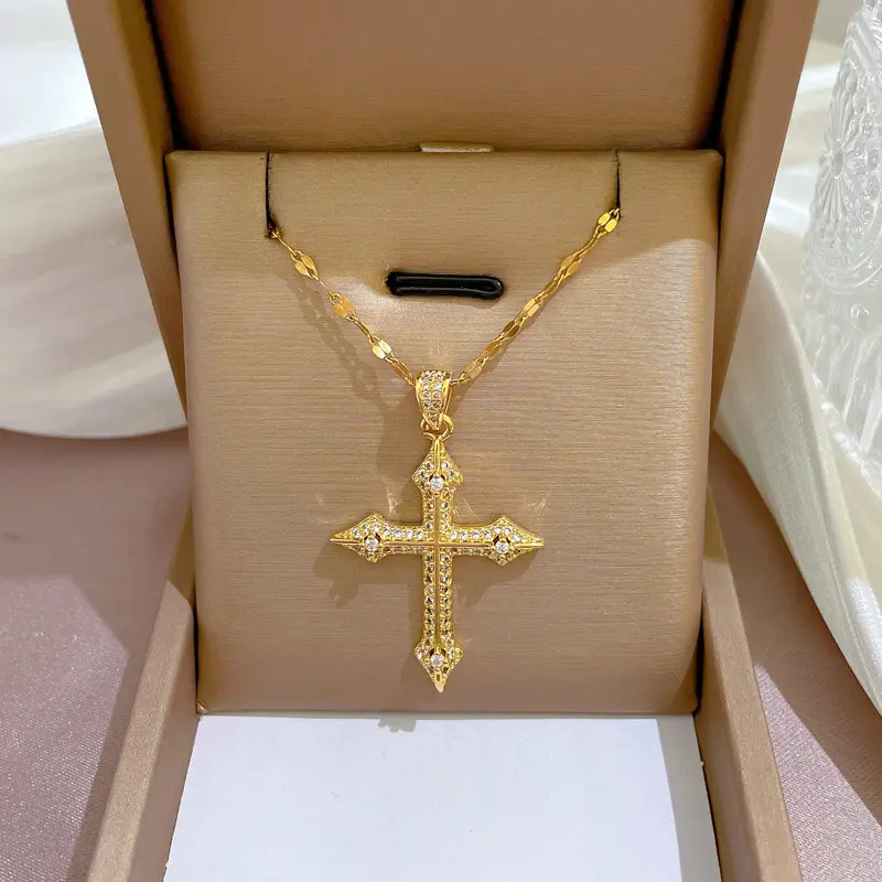 Kalung liontin salib zirkon rantai baja tahan karat emas 18K antik mewah kalung Choker berkilau wanita perhiasan untuk hadiah