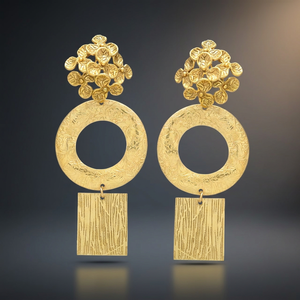 Matte <b>Gold</b> Floral Cluster Geometric Circle <b>Disc</b> Rectangular Drop Statement Earrings Brass 18K <b>Gold</b> Plated Ethnic Anniversary - Product Image 3