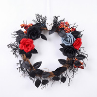 Couronne d'Halloween directement de l'usine, tête de mort, rose noire, fleur artificielle pour porte d'entrée, décoration murale, ornement festif effrayant