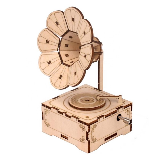 DIY Wooden Hand Cranking Music Box Clockwork Simulation Gramophone Stem Toys Science Experiment Kit Education Toy for Kids