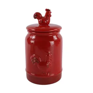 Barattolo per <span class=keywords><strong>Biscotti</strong></span> in Ceramica Personalizzato a Forma di Gallo Rosso; Contenitore con Coperchio Decorato con Gallo; Oggetto Artigianale in Stile Fattoria - Product Image 1