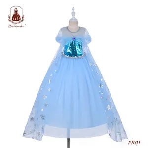 Yolyolei OEM 4-12 yaşında mavi Sequins üst uzun parti Cosplay Elsa & Anna kız elbise Elsa elbise ince pelerin