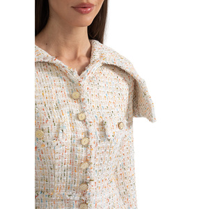 Su misura di alta qualità distintivo grande spalla lembi una linea Blazer bottone a maniche lunghe testurizzato donna Tweed Mini abito - Product Image 4