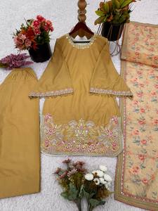 Heavy Fandy Silk Embroidery Beads Work Full Sleeve Top-Plazzo Dupatta Set Fully <b>Stitched</b> 3-Piece Party Floor-Length Women's - Product Image 4