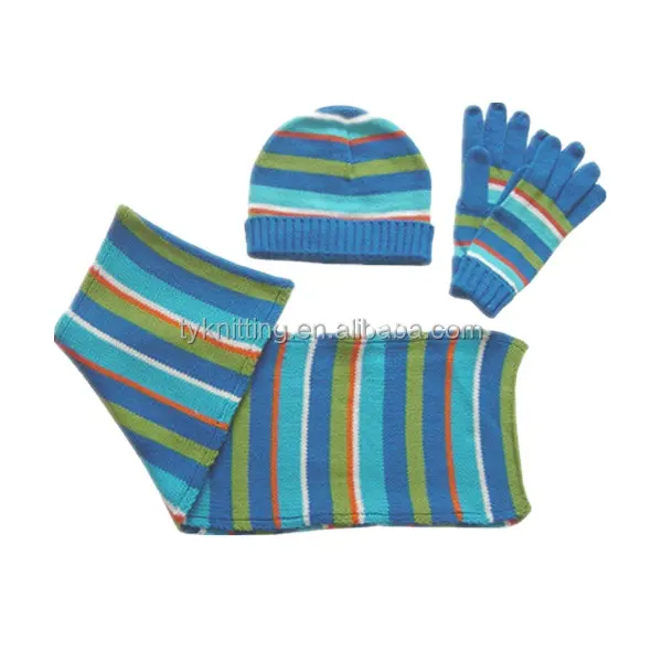 Hot-Sale Fashion Promotional Winter Knit Combo Stripe Acrylic Knitted Hat Scarf Glove Mitten Set for Kids