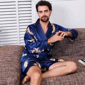 LYX023 Men's Silk Nightgown And Shorts Two-piece Suit For Summer Thin Long-sleeved Pajamas Plus-size Dragon Robe Bathrobe