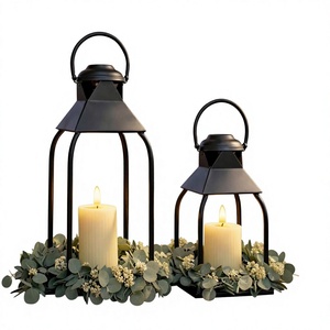 <b>Black</b> Metal Candle Lantern Set of 2 Iron Candle Holder Minimalist Indoor Outdoor Decor for Wedding Home Party Christmas Garden - Product Image 2