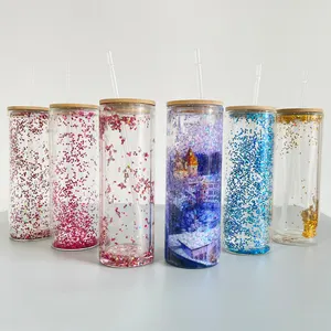 Boule à neige 12oz 20oz, sublimation, gobelet en verre à double paroi pour paillettes avec couvercle en bambou et paille pour bricolage