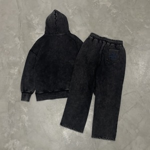 Bộ đồ thể thao nam size lớn, quần ống rộng thêu logo, chất liệu denim xước, kiểu vintage, 480 gsm, sản xuất theo yêu cầu. - Product Image 4