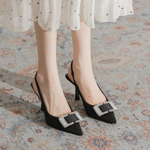Zapatos de Tacón Alto Negros de Satén con Punta en Pico y Tira Trasera, con Hebilla de Diamantes de Imitación, para Mujer, para Todas las Temporadas - Product Image 3
