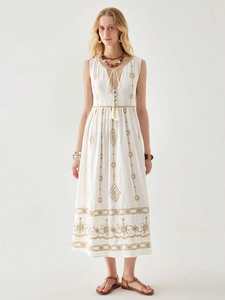 Vestidos Maxi Casuales de Manga Corta con Cuello en V, Bordados, Vintage, Personalizados, para Mujer, Color Blanco, Sexy, 100% Algodón, Tejido Natural, Cintura Natural - Product Image 2