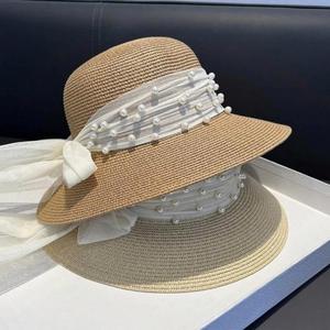 <b>Summer</b> New Pearl Mesh Sunshade <b>Straw</b> Character Woven Lace Travel Female Bowknot Bucket <b>Hat</b> Wholesale - Product Image 3