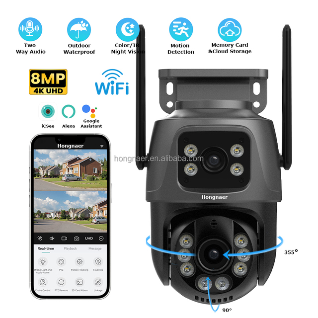 Hongnaer 360 Smart Outdoor Surveil IP Wireless Network PTZ Camera Dual Lens ICSee 8MP 4K Monitor WiFi CCTV Home Security Camera