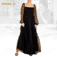 Usine de vêtements en gros femmes mousseline de soie maille belle noir à pois impression à manches longues élégant décontracté Maxi robes