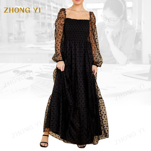 Ropa de fábrica al por mayor de las mujeres de gasa de malla encantador negro de lunares de impresión de <span class=keywords><strong>manga</strong></span> larga elegante Casual Maxi vestidos - Product Image 4