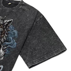 Camisetas de algodón transpirables para hombre, estilo streetwear, con lavado ácido negro, estampado DTG de lobo blindado punk personalizado, corte holgado, para venta al por mayor - Product Image 5