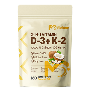 180 jours végétalien Vitamine D3 + K2 Gélule 10000iu Source végétale Vitamine D3 200mcg K2-Mk7 Gélules pour la santé immunitaire et cardiaque - Product Image 1
