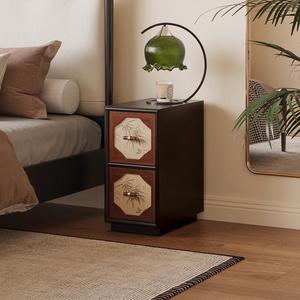 Vintage Style <b>Narrow</b> Bamboo Leaf Nightstand Dark Brown Wood <b>Storage</b> Cabinet For Bedroom - Product Image 4